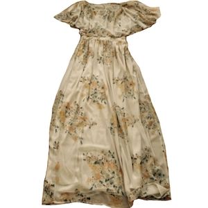 Long 70s 80s Retro Hippie Gown Floral Flowy Maxi Dress Cream Pink Flower Child